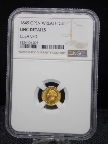 US 1849 LIBERTY GOLD DOLLAR PIECE OPEN WREATH SLABBED NGC UNC DETAILS