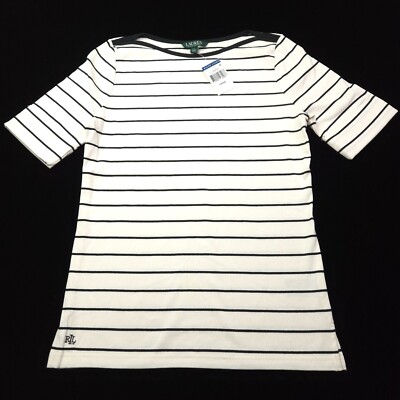 RALPH LAUREN WOMENS T-SHIRT L CREAM WHITE BLACK COTTON STRETCH SWEATER WARM BOAT
