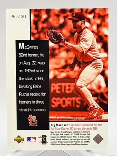 1998 Upper Deck Mark McGwire Chase for 62 LD Card #26/30 St. Louis Cardinals - Picture 2 of 2