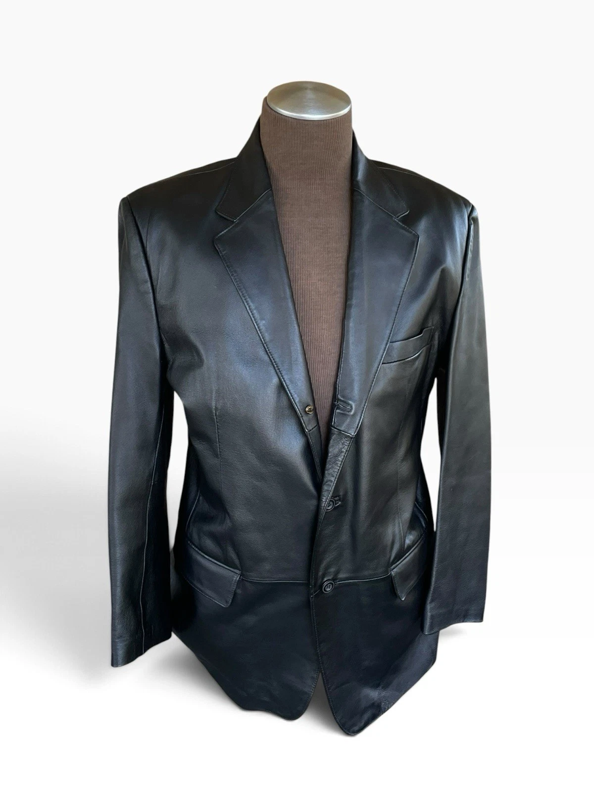 Vtg J. Ferrar Men's Black Genuine Leather Blazer Jacket Two-Button Coat Size M - product detail image 6