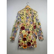 Sheer Floral Embroidered Mesh Mini Dress Long Sleeve Cocktail Party
