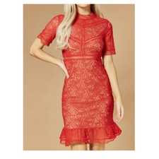 Bardot Theodora Red Lace Sheath Dress High Neck Ruffle Hem Cocktail Party US 8