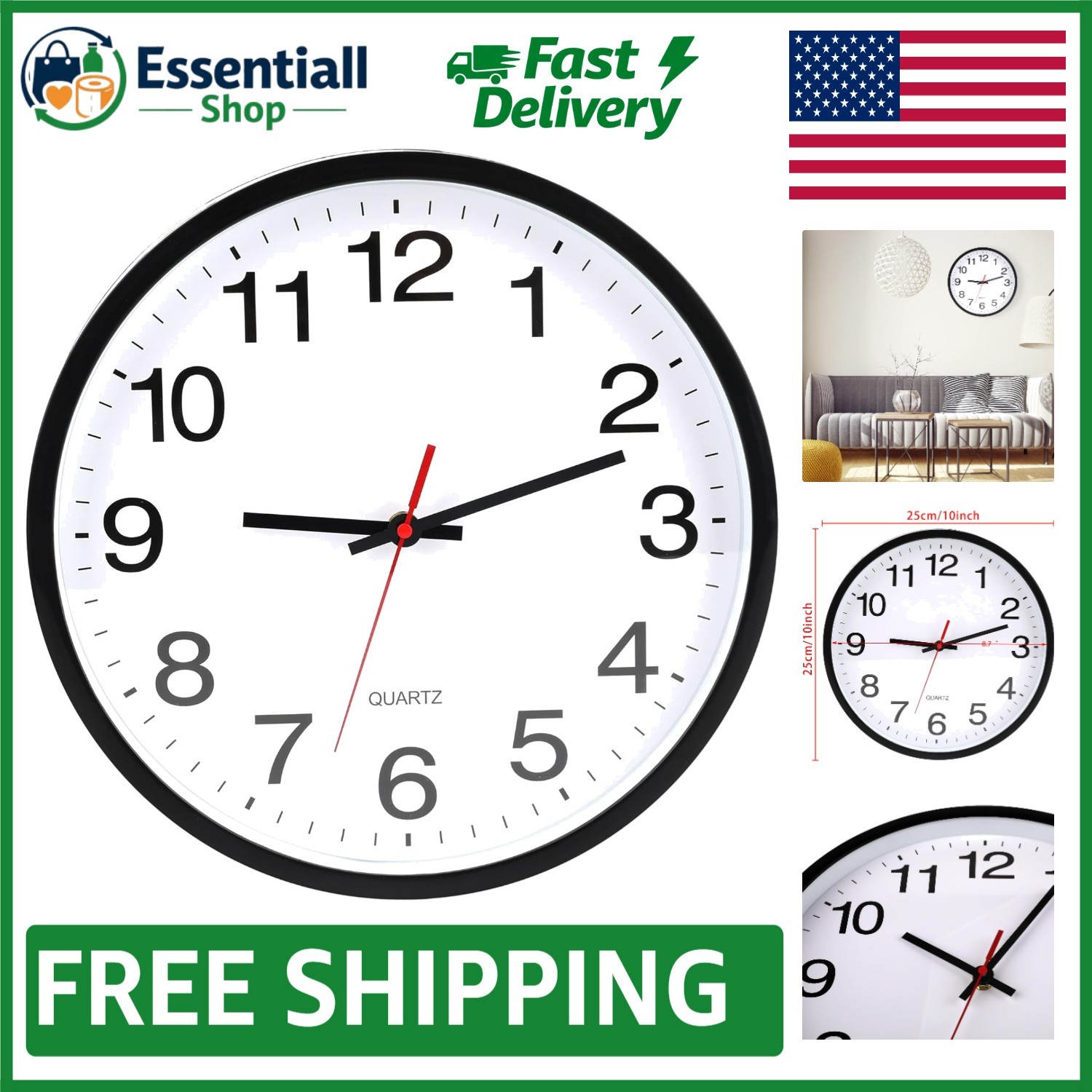 Elegant 10 Inch Silent Non-Ticking Wall Clock - Classic Black & White Style