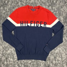 Tommy Hilfiger Striped Sweater Mens Size M Red Blue Spell Out Preppy Vintage Y2K