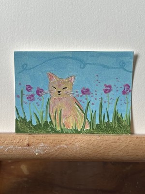 ACEO Original Painting ''Spring Kitty'' Acrylic Cat Animal Nature Floral Art Card