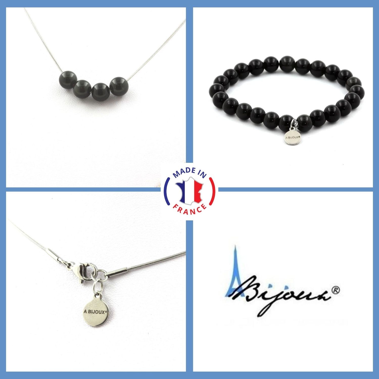 Collier et bracelet obsidienne noire, bijoux de protection contre le stress en pierres naturelles