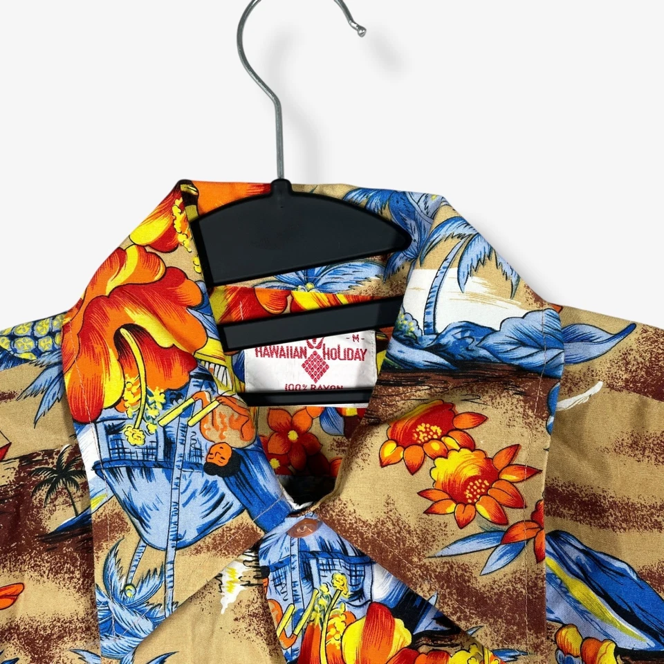 Camisa De Colección Años 70 Hawaiana Vacaciones Aloha Abotonada Para Hombres M Marrón Volcán Retro Foto 3 de 4