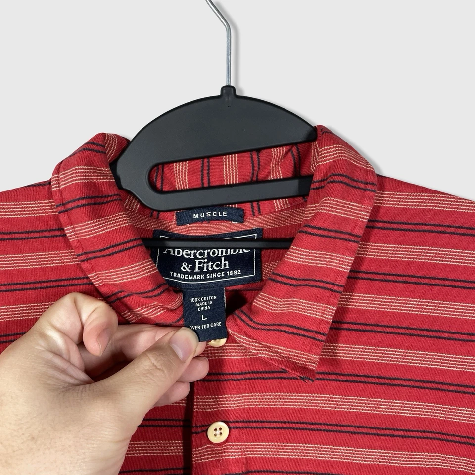 Camisa Polo De Colección Abercrombie Fitch Ajuste Muscular Para Hombres L Delgada Roja Rayas Preppy Foto 3 de 4