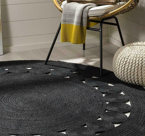 Black Round Jute Area Rug Braided Natural Handmade Floor Boho Style Mat Carpet - Picture 2 of 10