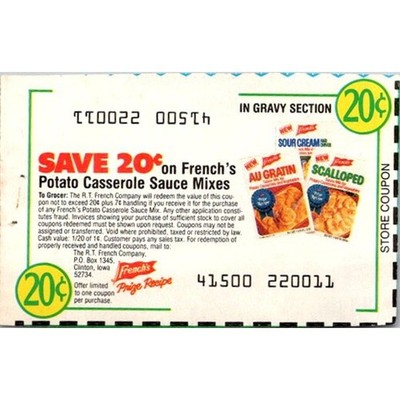 Save 20¢ French's Potato Casserole Sauce Mixes Clinton IA 1980s Coupon SAI1-M11