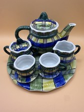 Vintage Miniature Porcelain Tea Set 10 Pc Plaid Teapot Cups Tray Child Tea Set