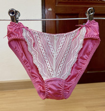 Vintage Shiny Pink Polyester Panty Slippery Hi Cut Bikini Nylon Lace Briefs Sz.5