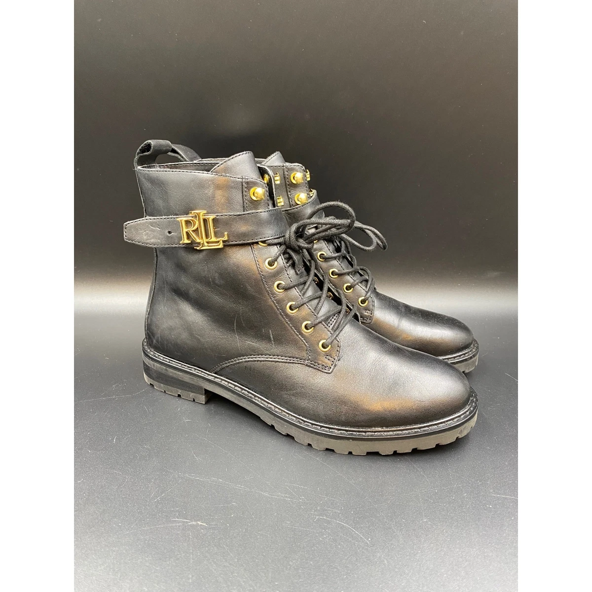 Ralph Lauren Black Leather Belted Boot with Gold RL Charm 9.5 B Lauren Ralph Lauren Leather Boots for Women for sale | eBay main image 2