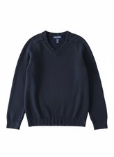 Lands End Boys Navy Sweater V Crew Pullover Holidays Cotton Blend Size 10-12 yo