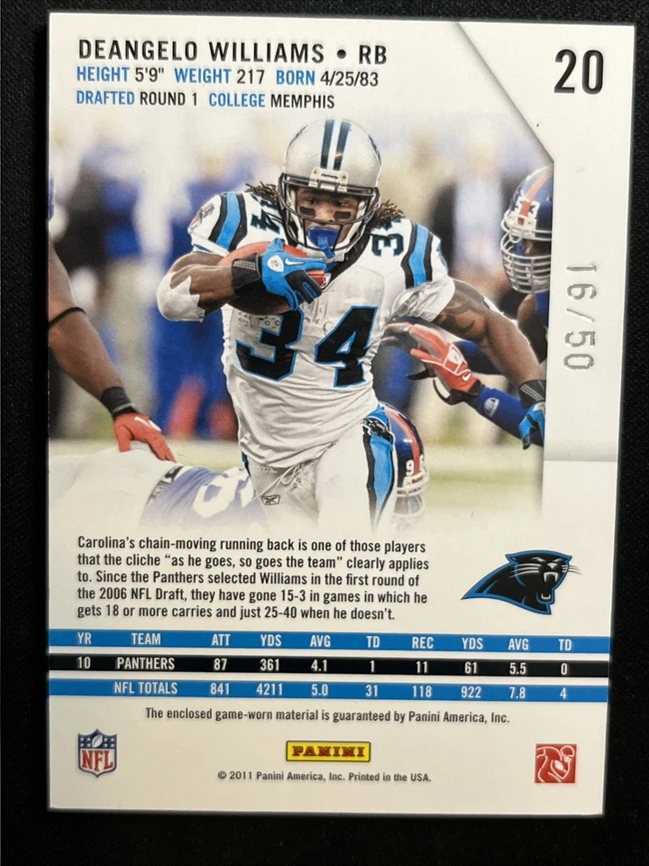 2011 Panini Rookie Stars Longevity Prime Patch 20 Deangelo Williams /50 - Image 2 of 2