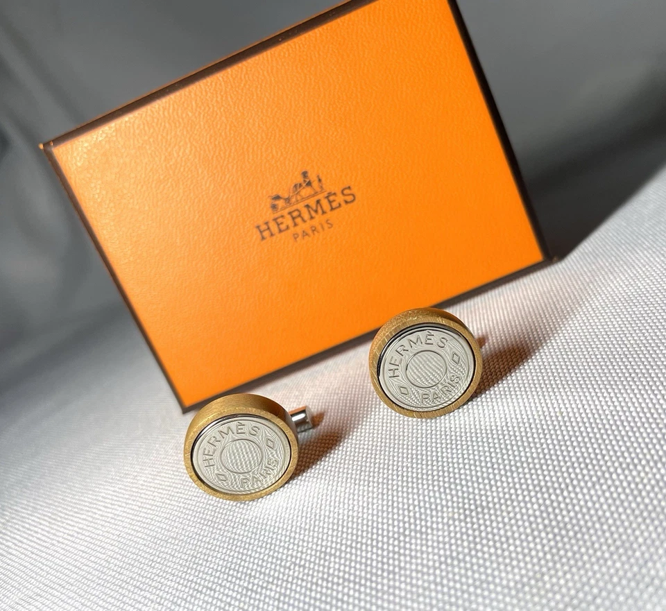 Autêntica [Linda] Abotoaduras HERMES Serie corrente de madeira e prata Business - Imagem 4 de 4