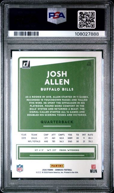 PSA 10 2020 Donruss BLUE Press Proof JOSH ALLEN Graded GEM MINT #40 Color Match view 2