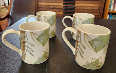 Corelle Coordinates Green Leaf pattern Stoneware Set 4 Coffee Tea Mugs Cups NF