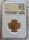 * FREE SHIPPING * 1881 Liberty Gold Half Eagle $5 NGC MS62 U.S Coin