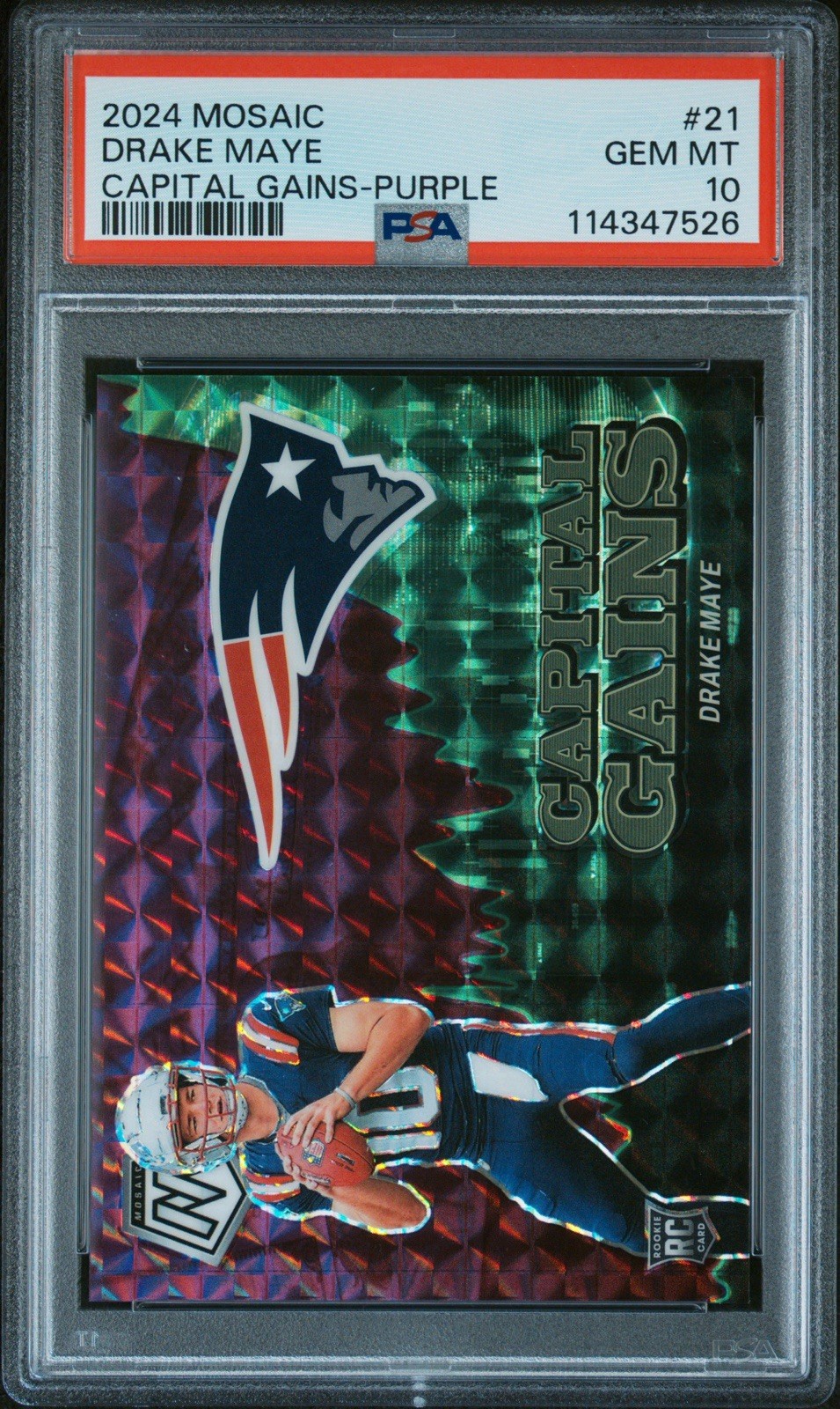2024 Panini Mosaic Capital Gains Drake Maye #21 Purple Prizm /49 PSA 10