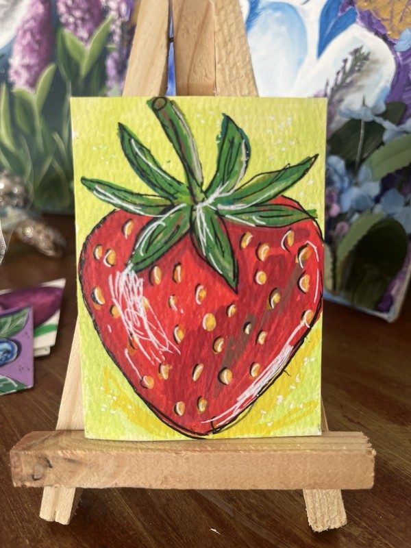 ACEO Original Strawberry Fruit Food Painting  Art Acrylic By Nicole Tiffany Art