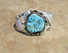 FINE Vintage Navajo Sterling Silver SEA FOAM Turquoise Applique Bracelet Sign FS