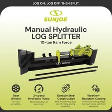 Sun Joe Hydraulic Steel Beam Log Splitter, 10 Ton Capacity, Green (Used)