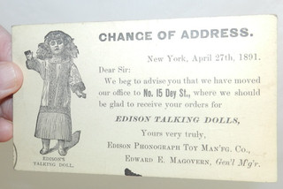 1891 EDISON TALKING DOLL advertising postcard PHONOGRAPH RARE TOY original