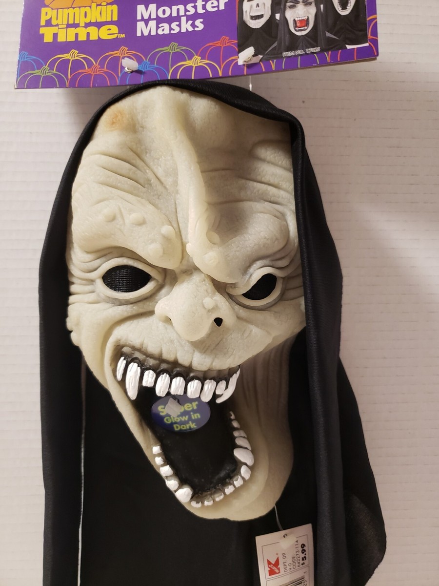 Vintage Adult Pumpkin Time Latex Monster Mask With Black Hood