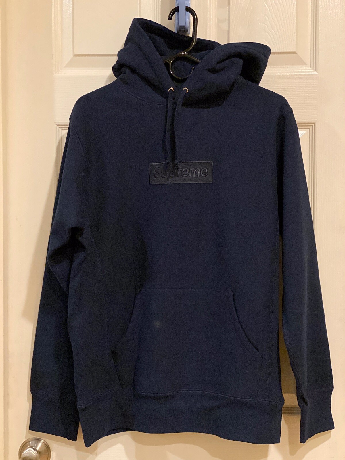 navy tonal box logo hoodie