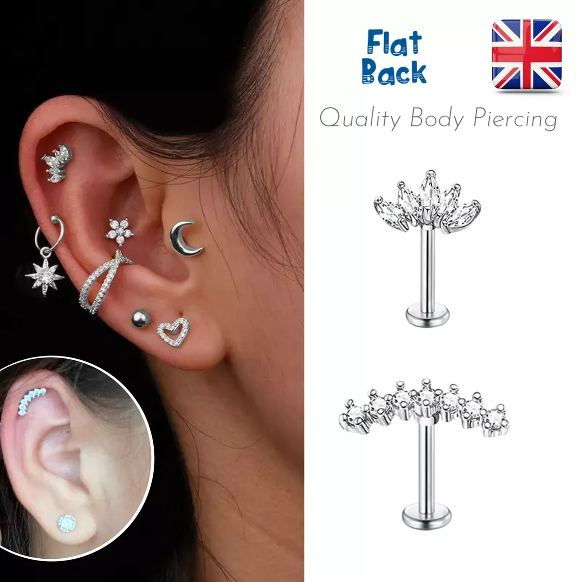 Stud Earrings Flat Back Piercing Clear Gem Tragus Helix Cartilage Labret 6  8 4mm