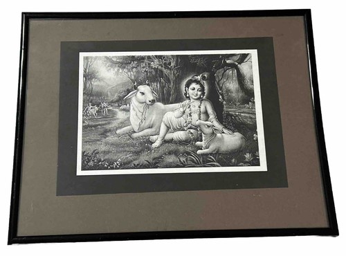 Framed Wall Art Hindu God Krishna Love Spirituality Peace Prosperity 11x14 B&W