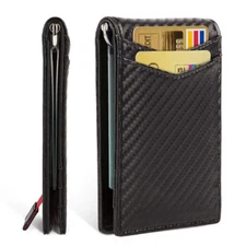 RFID Blocking Minimalist Leather Carbon Fiber Card Holder Money Clip Wallet