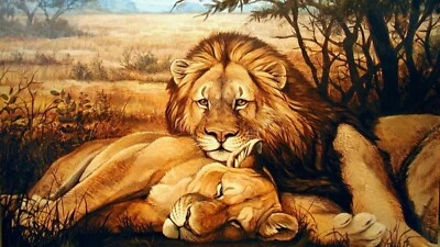 PLAQUE MÉTAL couple de lion animal sauvage décoration mural 30 X 20 CM - Photo 1/4