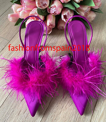 ZARA NEW WOMAN HIGH-HEEL FABRIC SHOES WITH FEATHER FUCHSIA 35-42