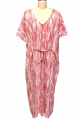 Stan Herman Printed Caftan Dress Maxi Pink White Pockets Stretch Women s Sz L