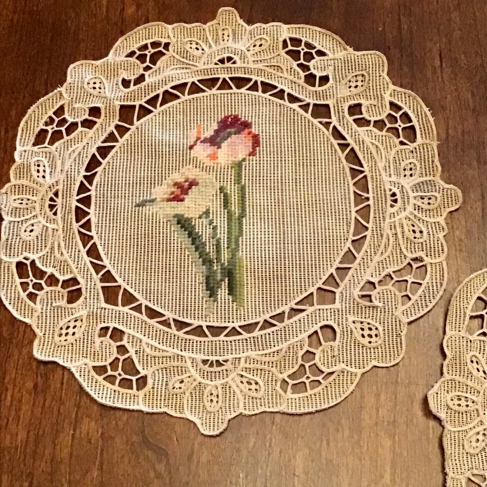 Pair Of Matching Needlepoint Doilys Tulip Pattern - Image 3 of 4