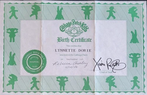 Vintage Cabbage Patch Kids Birth Certificate Girl ~ Lynnette Dorie ~ Coleco