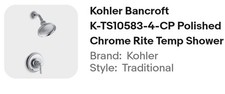 Kohler Bancroft K-TS10583-4-CP Polished Chrome Rite Temp Shower Faucet Trim