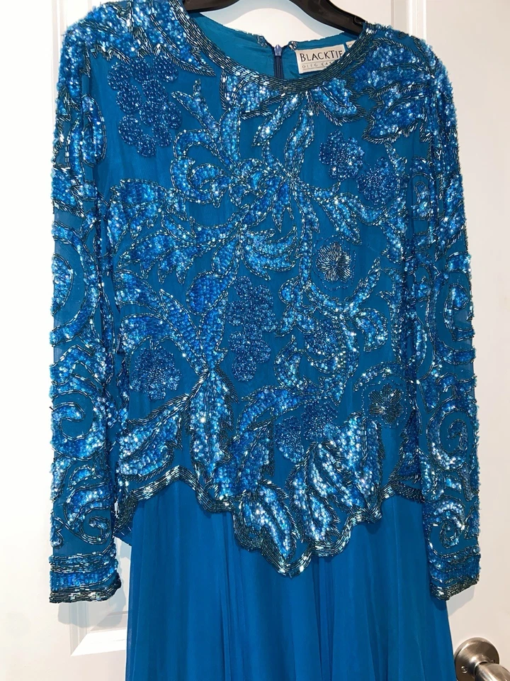 Raro Vestido Vintage Oleg Cassini Corbata Negra 100% Seda Cuentas Azul Talla 40 Foto 3 de 4