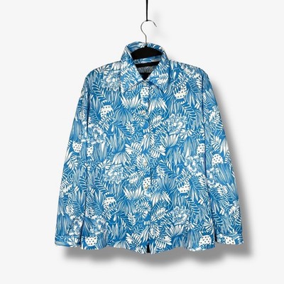 Vintage 80s Tropical Floral Button Up Blouse Womens L Blue Aloha Retro Vacation