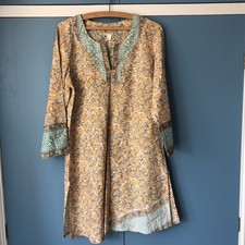 Anokhi Indian Block Print Tunic Kurts L Beaded Sleeves Yellow Turquoise Floral Anokhi Indian Block Print Tunic Kurts L Beaded Sleeves Yellow Turquoise Floral