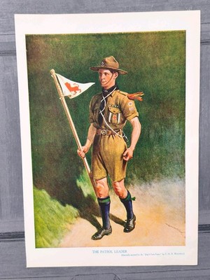 Vintage 1927 The Patrol Leader Boy Scout With Flag Book Print Picture T Whitwell