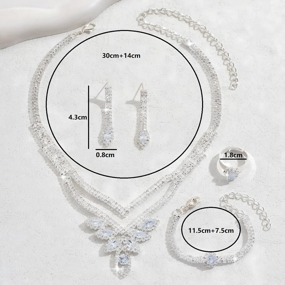 4PC Rhinestone Jewelry Set Women, Silver-Tone Leaf Claw Chain Dangle Earring 635 - Image 2 of 4