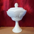 Large Milk Glass Vintage harvest grape Pedestal Candy Dish with Lid