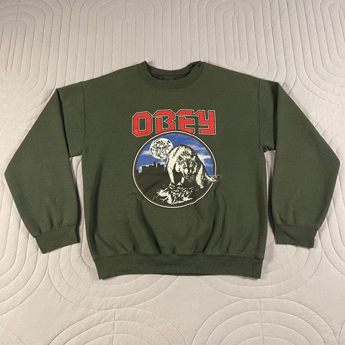 Vintage Obey Sweatshirt Mens Medium Green Wolf Graphic Crewneck Streetwear