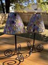 Set of 2 Mosaic Glass Votive Candle Holders Lamp Style on Iron Swirl Stands