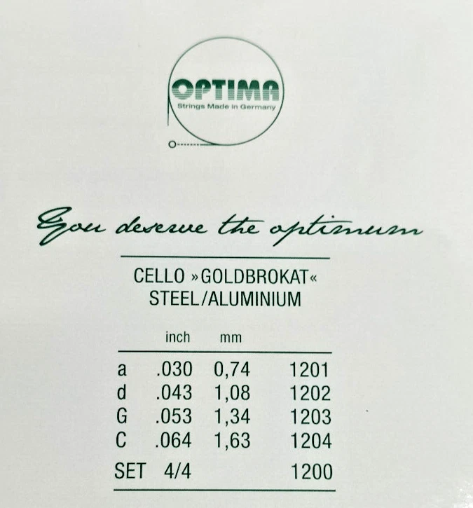 Set Corde Violoncello 4/4 Optima Goldbrokat Acciaio Alluminio Muta Germania - Immagine 4 di 4