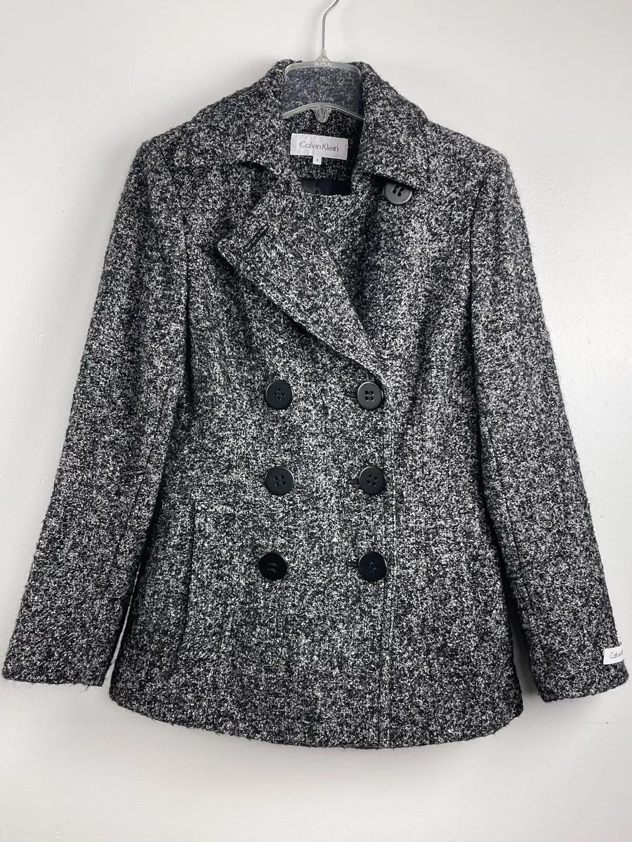 Calvin Klein Wool Blend Black Speckled White Winter Coat Size 8 Peacoat Skirted