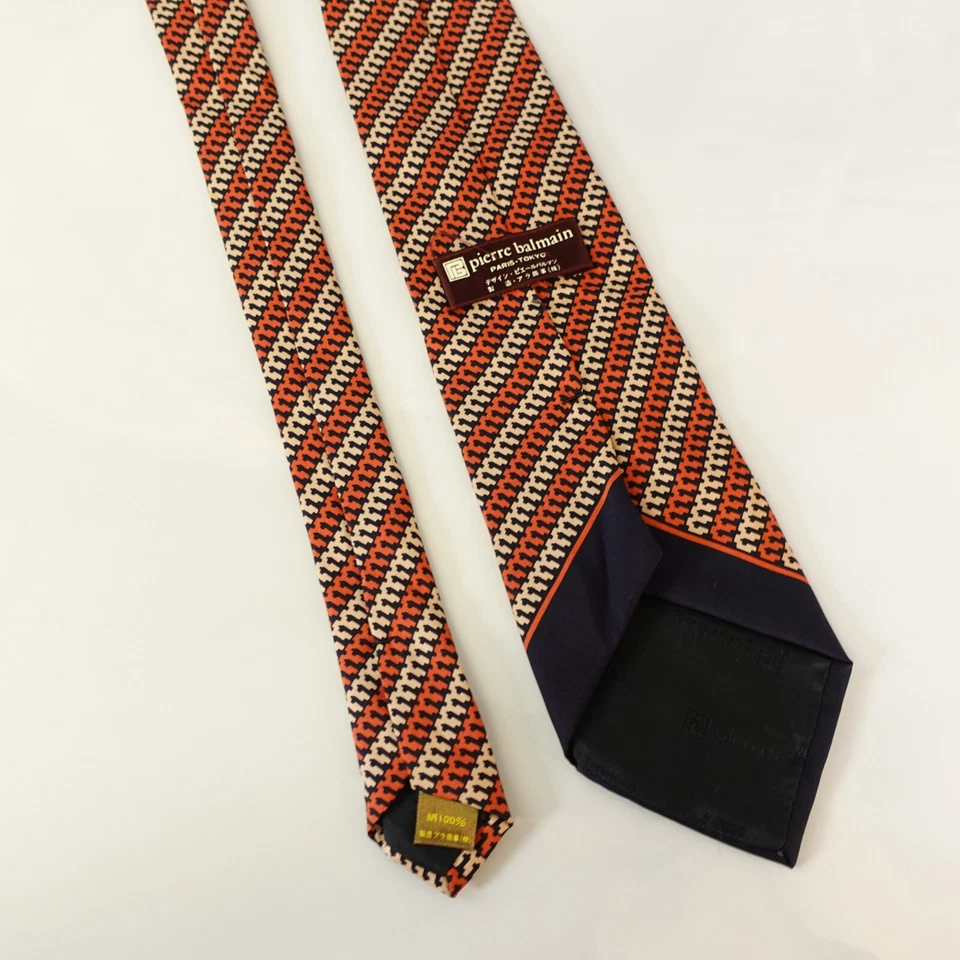 Pierre Balmain Neck Tie Mens Blue Orange Striped Silk Luxury Suit Classic Adult - Image 4 of 4